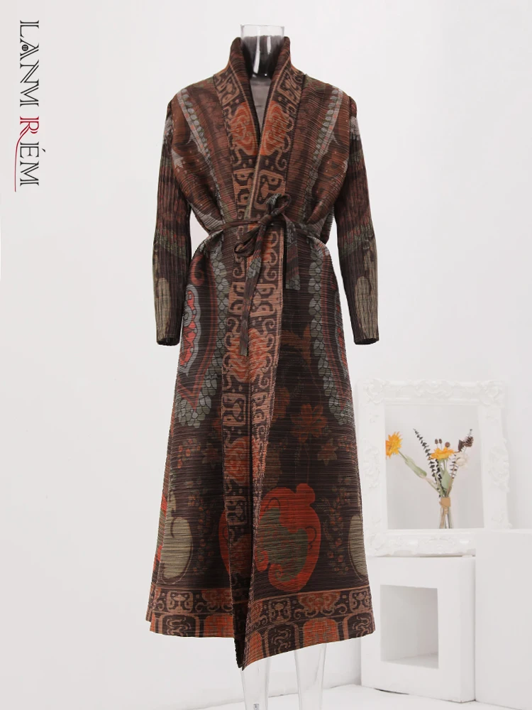 

LANMREM Fashion Print Design Long Trench Coat For Women Scraf Collar Belt Gathered Waist Windbreaker Vintage 2024 New 32Z11116