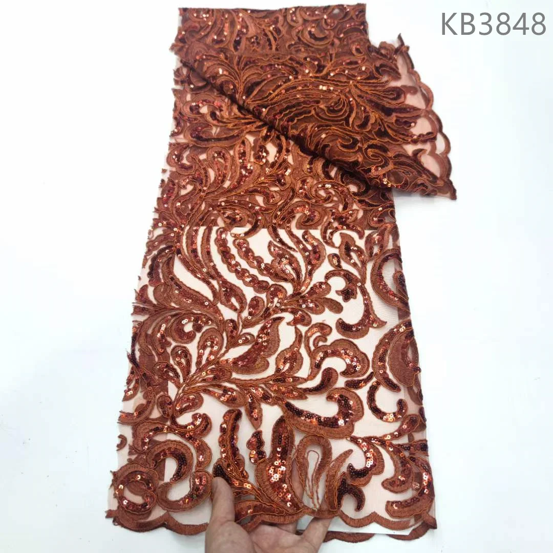 2024 Green Sequins Lace Fabric Embroidered Lace Nigerian Burnt Orange French Mesh Africa Embroidery Tulle Lace For Sewing KB3848