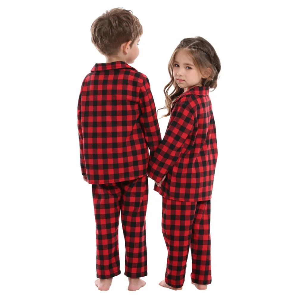 Autumn Kids Cotton Pajamas With Checked Christmas Home Wear Two-piece Set Family Matching Outfits