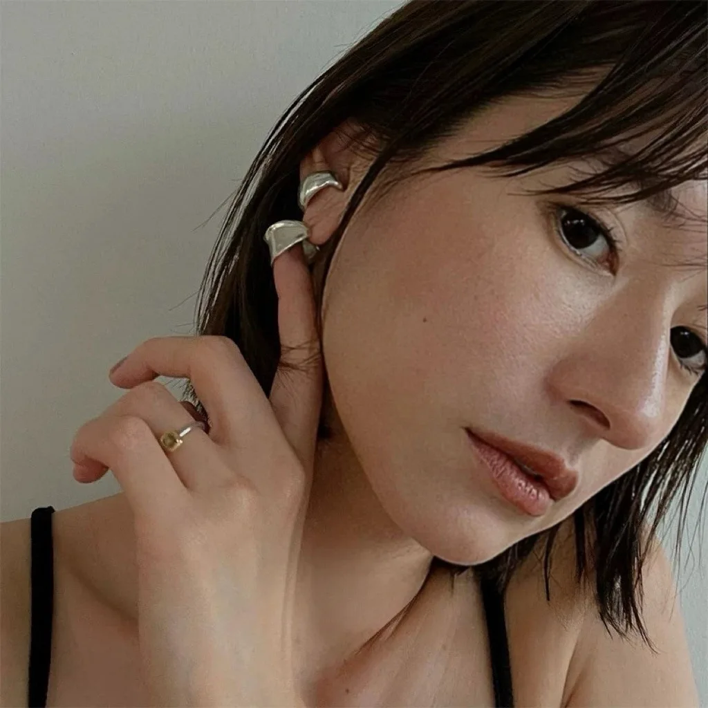 Withered Irregular Wide C-shaped Ear Ring Smooth 925 Silver Needle Jewelry Earrings Women's Earrings Ear Cuffs