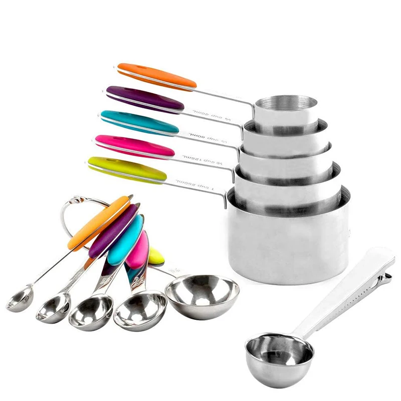 Stainless Steel Measuring Cups,Measuring Spoons Set Of 11 Top Stackable Cups With Spoons Coffee Scoop Sealing Clips