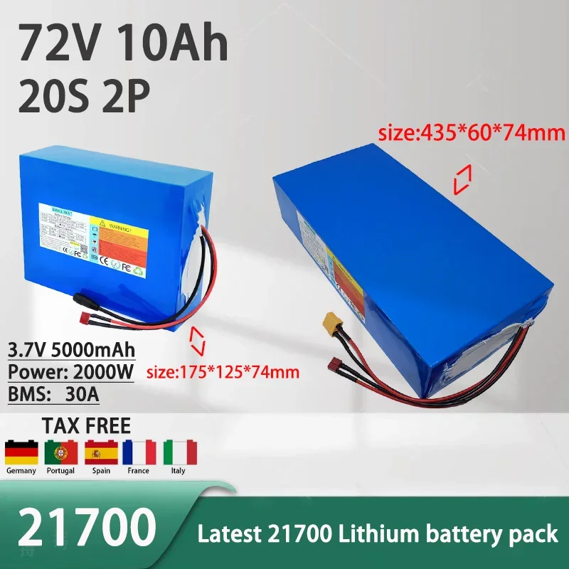 2025 New 72V 10AH 20S2P 21700 lithium battery pack, Class A battery with 2000w high power and long endurance+84V 3A charger