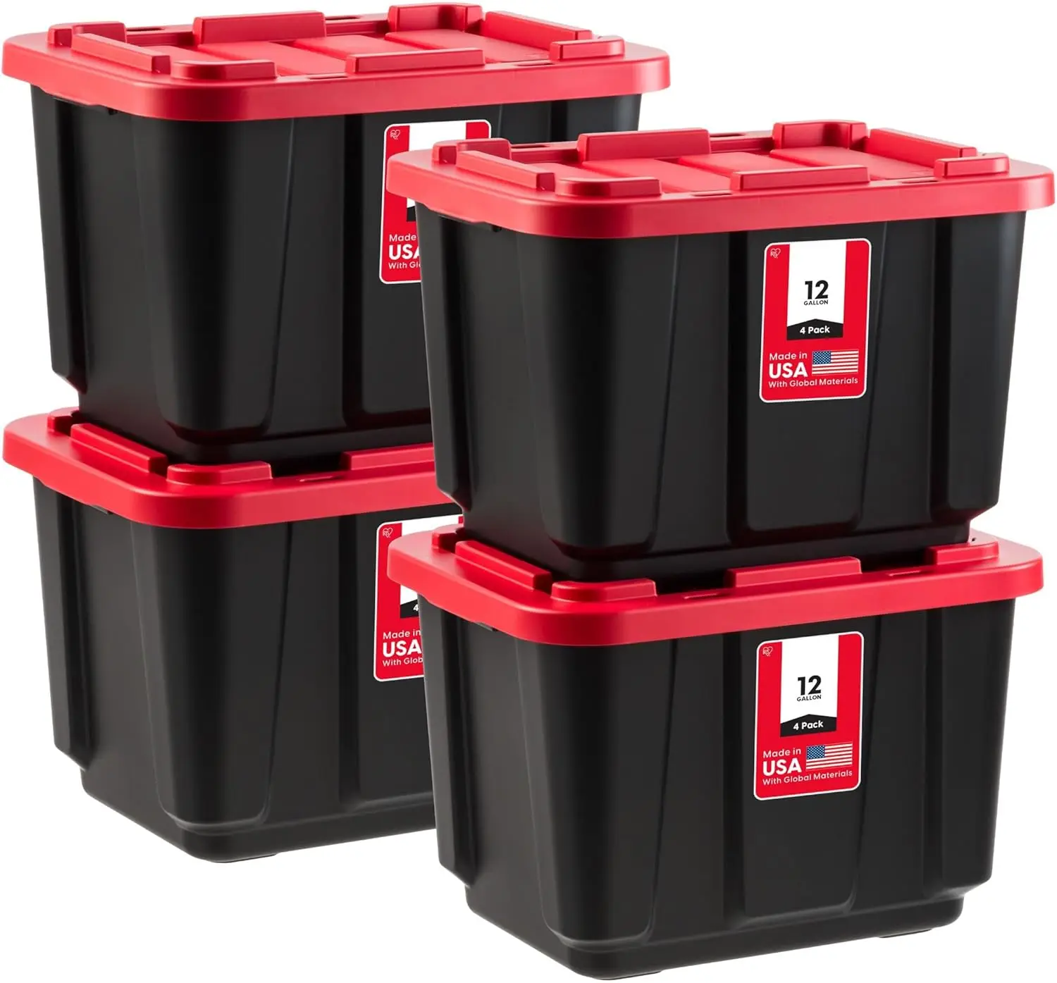 

4-Pack 12 Gallon Heavy Duty Storage Bins with Lockable Lids, Stackable and BPA-Free for Home or Truck Organization - Red