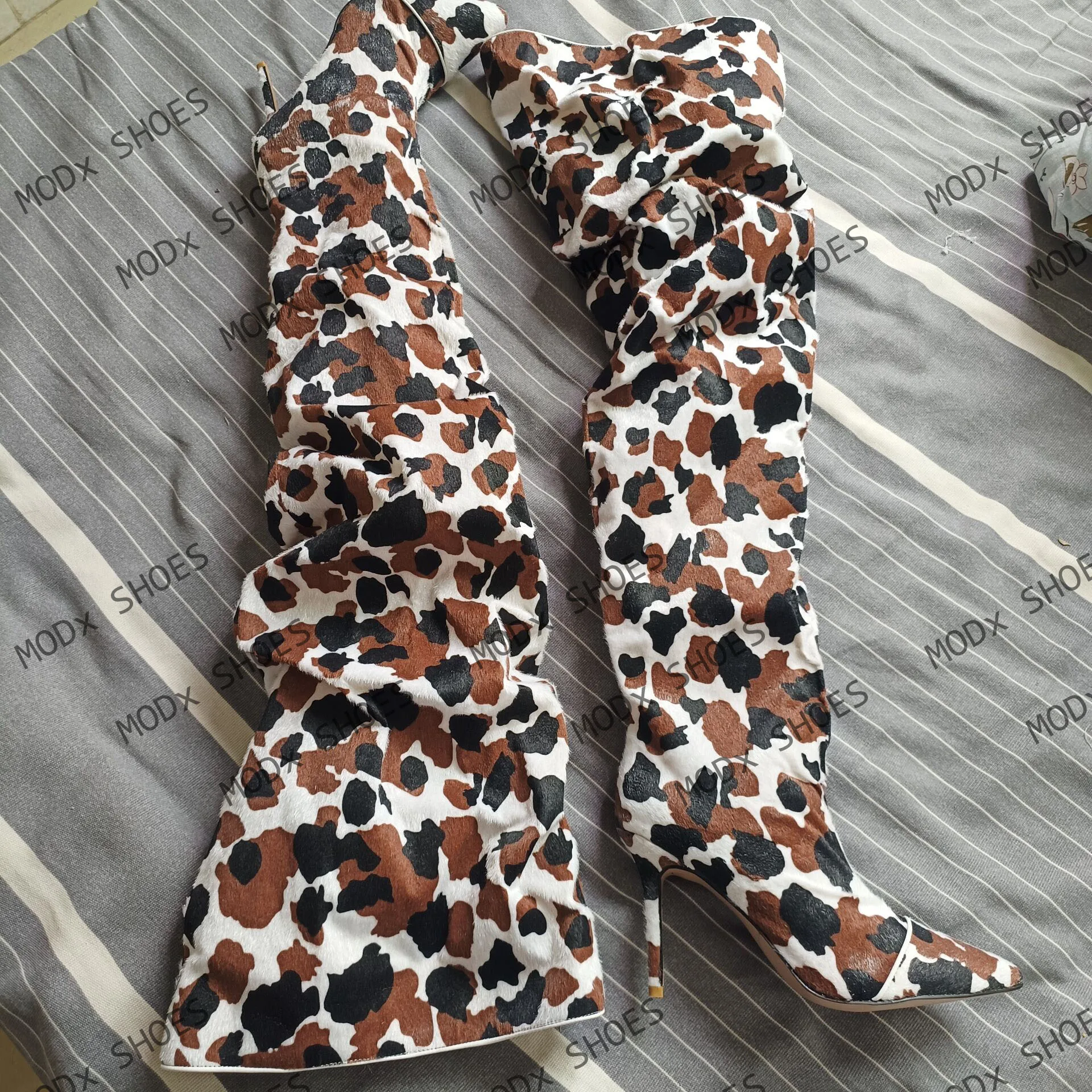2025 Western Style Horse Hair Cowboy Long Boots Women High Thin Heels Cow Pattern Shoes Pointed Top Over The Knee Booties 44