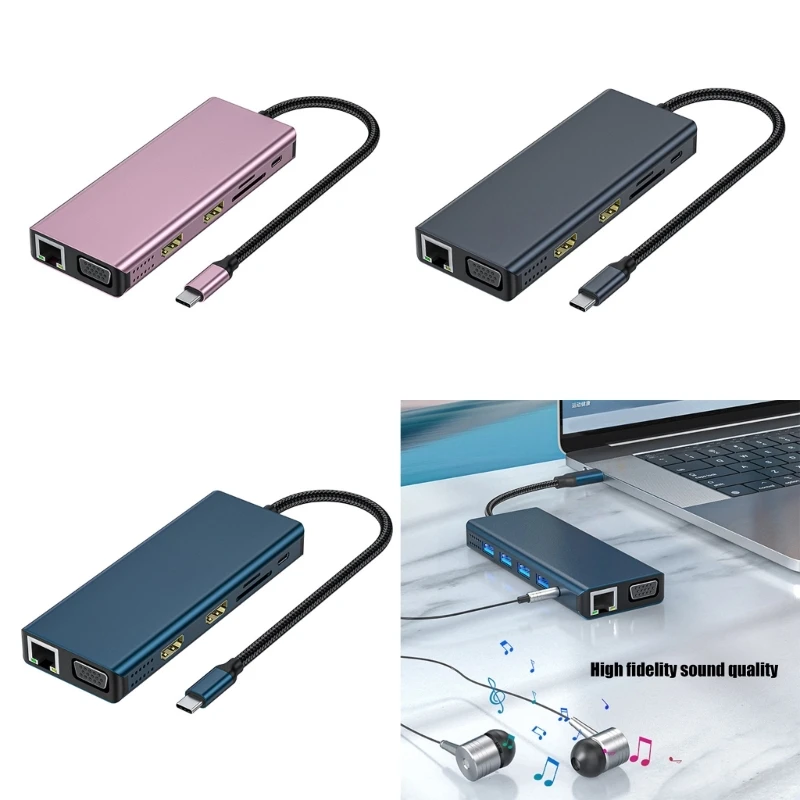 12 in 1 Laptop Docking Station Double Display USB C Hub Adapter With VGA 4x USB 3.0 Gigabit Ethernet Type C Card Reader