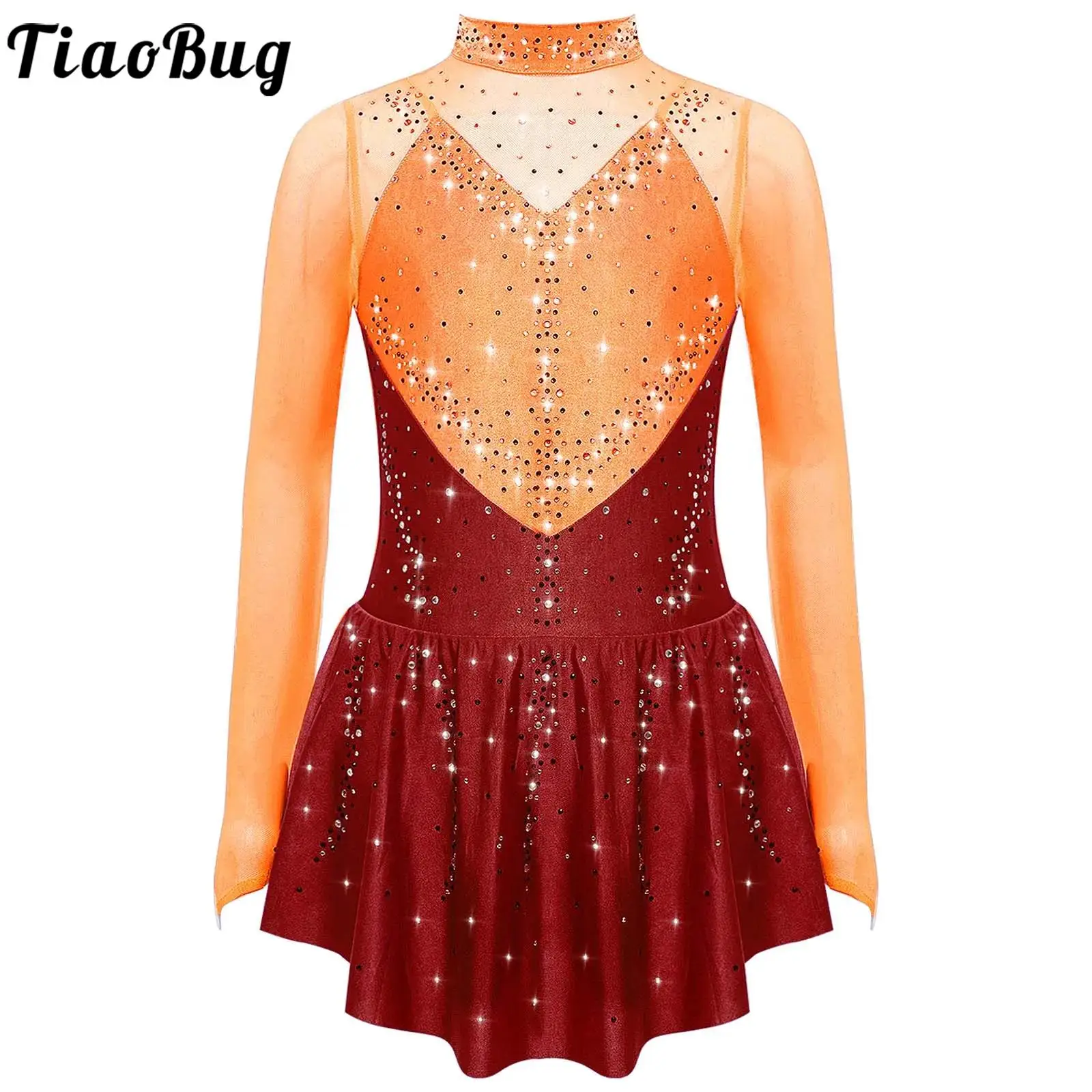 

Skating Dance Girls Dress Lyrical Modern Dancing Competition Costume Shiny Long Sleeve Color Block Mesh Patchwork Leotards Dress