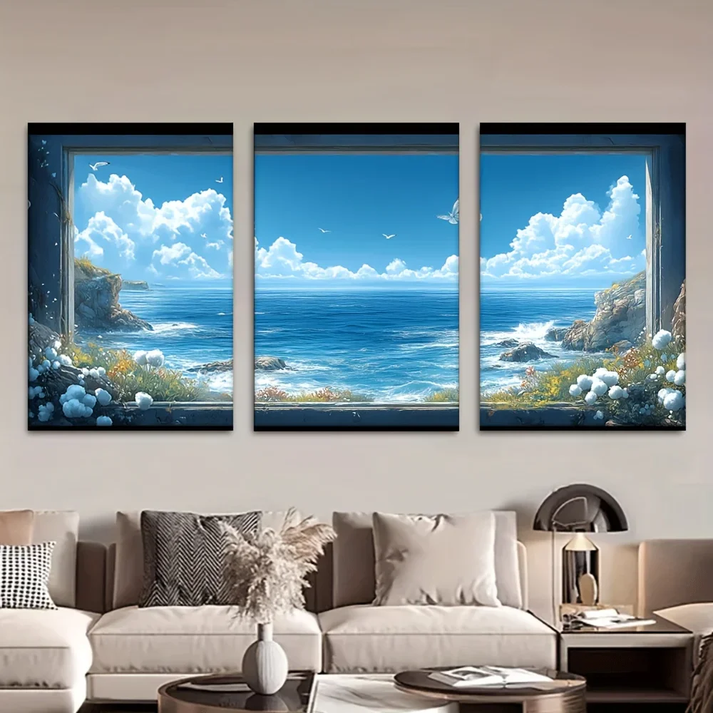 (No frame)3pcs/Set, Canvas Painting--Unframed, Sea And Seagulls Outside The Grid, Posters And Prints, Living Room, Library, O