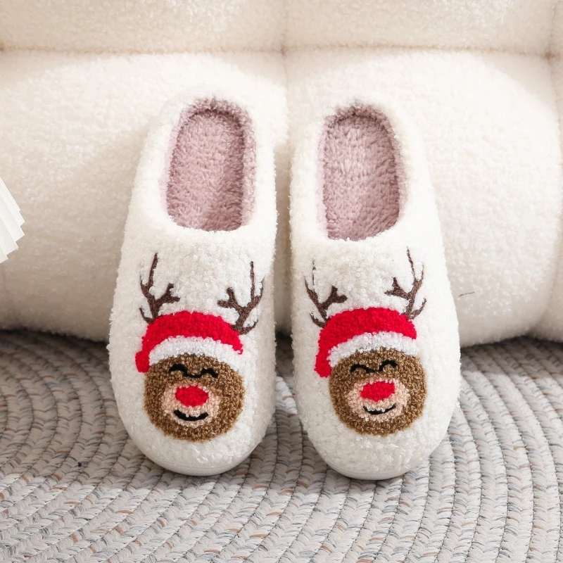 Winter Christmas Women Home Slippers Men Indoor Soft Non-slip Sandals Couples Warm Plush Flat Slides Adults Unisex Lovely Shoes