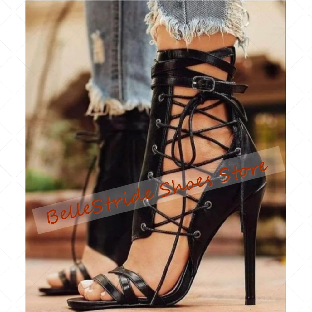 黒のレースアップクロスストラップサンダル、マットレザー、レディースシューズ、スティレットハイヒール、パーティー、宴会、デート、2025、女性用靴