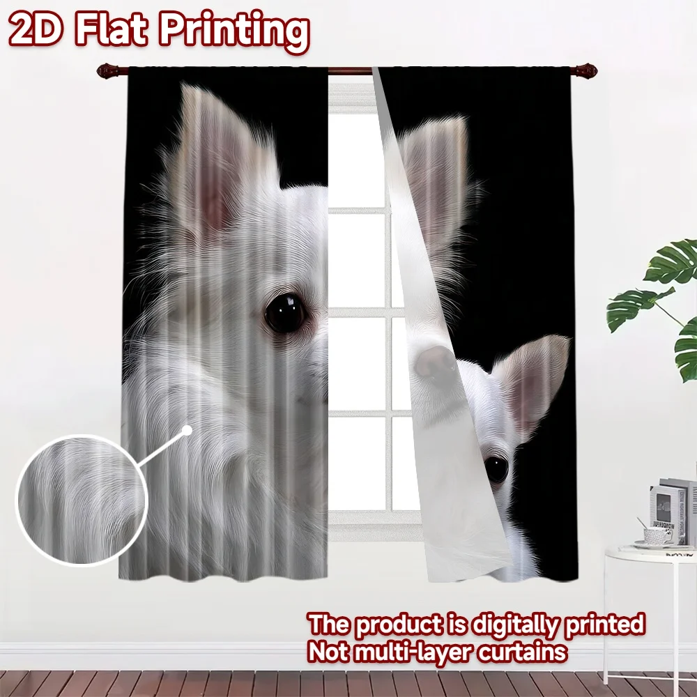 2D flat printing 2pcs Window Curtains White Fluffy Chihuahua Digital Printed Polyester Drapes All Season Party & Holiday Decor