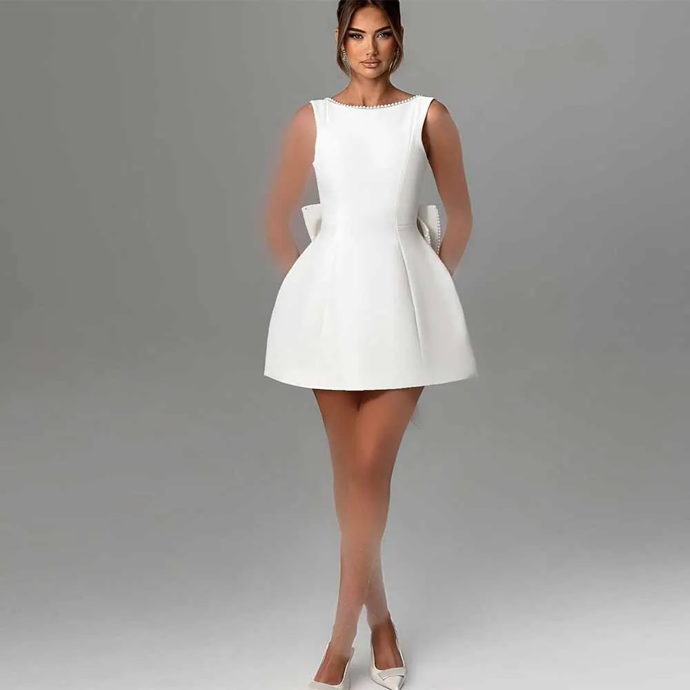 Simple Mini Civil Wedding Dresses Satin A-line Wedding Party Dress White O-Neck Pearls Bow Backless Zipper Short Bridal Gown