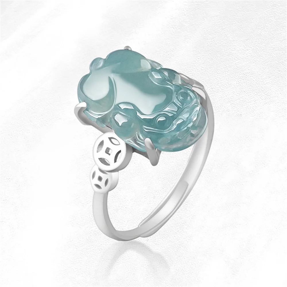 

925 Silver Natural Ice Green Jadeite Carved PiXiu Lucky Finger Ring Adjustable Certificate Trendy Luxury Jade Vintage Jewelry