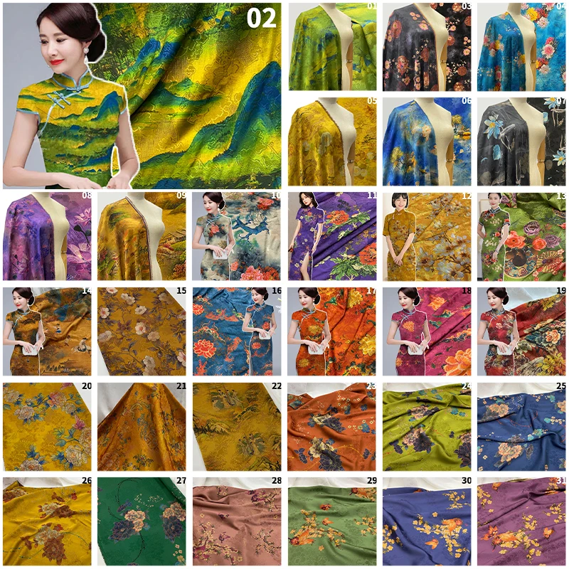 Chinese Retro Landscape Painting Fabric High-end Printing Silk Like Brocade Fabric For Diy Cheongsam Hanfu Dress Patchwork