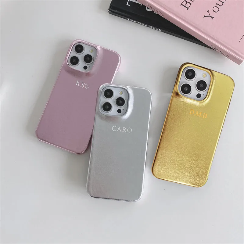 Customized Gold Silver Letter Glitter PU Leather Case For Iphone 13 12 15 14 16Pro Max 15plus Case Luxury Hard Metallic PU Cover