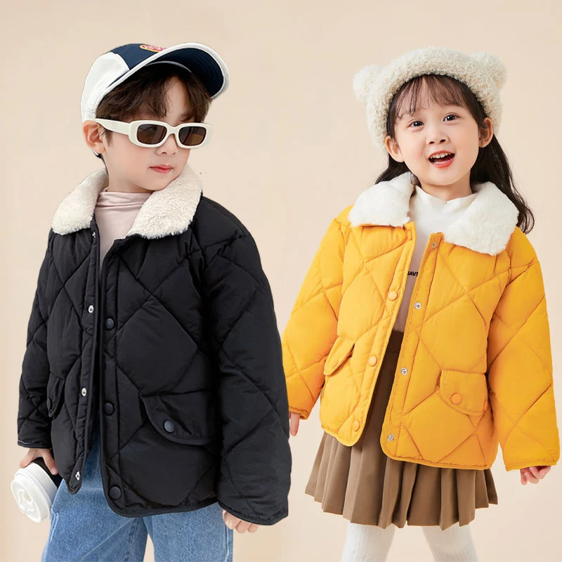 2-6 Year Boys Girls Cotton Jackets Spring Fur Collar Warm Outerwear Children Clothes Autumn Down Jacket Solid Thicken Kids Coats