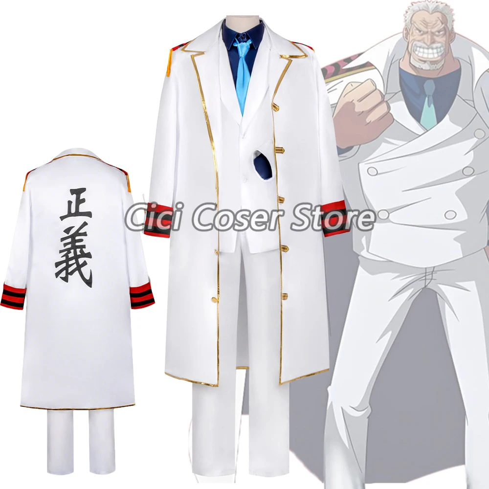 Disfraz de Cosplay de Anime Vice Admiral Monkey·D·Garp, uniforme blanco, traje, gabardina larga, camisa azul para hombres y mujeres, Halloween, Carnaval