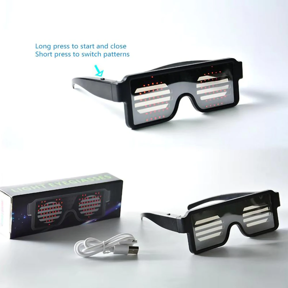 USB-Aufladung, leuchtende Brille, Festival, Party, leuchtendes Spielzeug, Geschenk, LED-Blinkmuster, Nachrichten, Animationen, elektronische Brillen