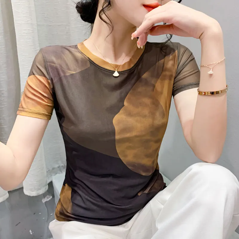 Fashionable Women's Short Sleeve T-Shirt Mesh Print Halvesleeve Summer New Arrival Korean Style round Neck Slim Fit Top
