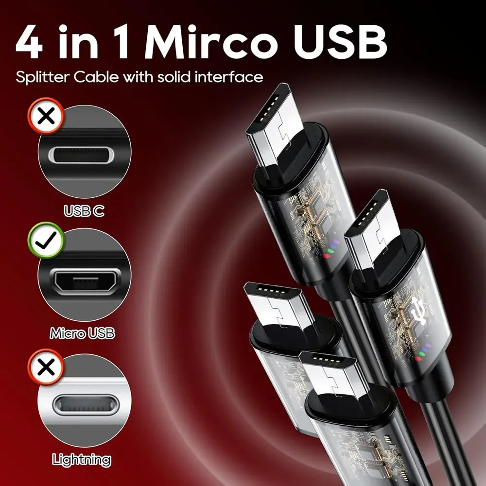 Cable micro USB de 2 a 4, cable de carga divisor multi micro USB, cable USB A/tipo C PD a micro USB de 5 V, con 4 microconectores