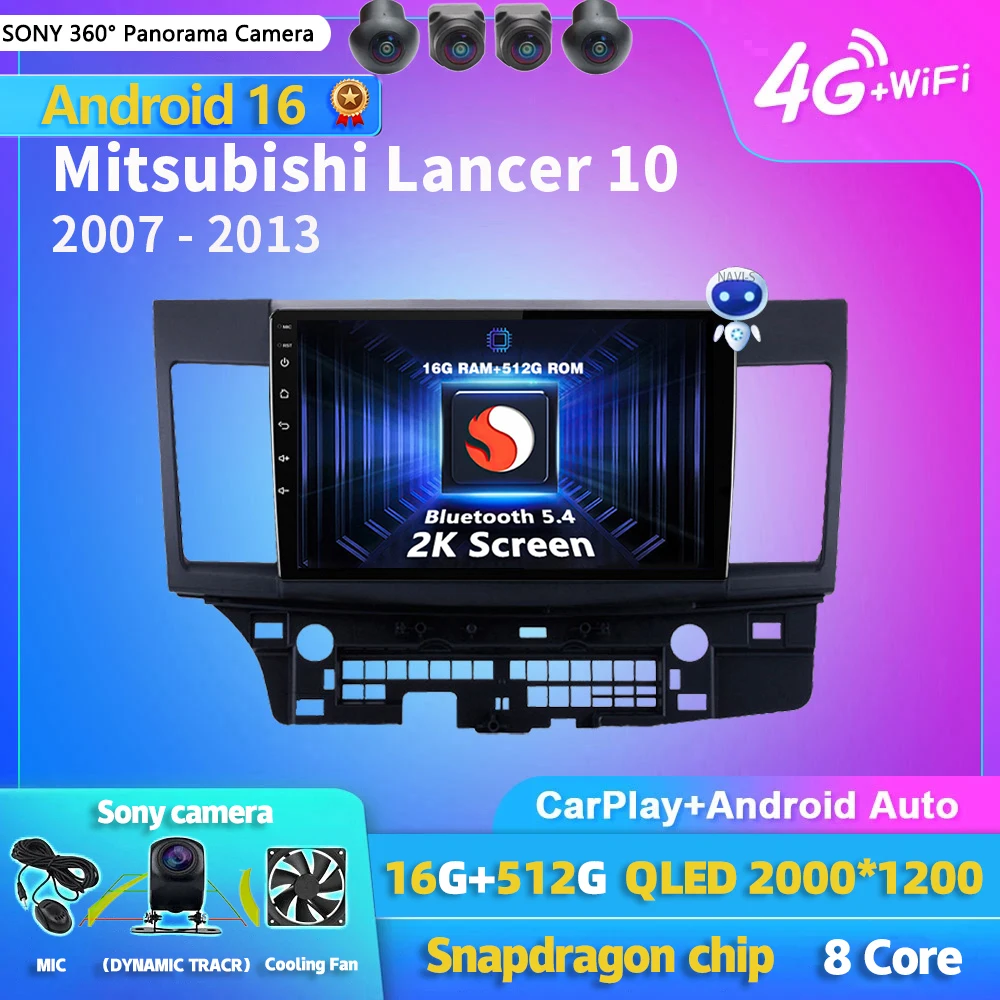Android 16 Carplay Auto 2K Screen Car Radio Multimedia Player For Mitsubishi Lancer 10 2007-2013 2din Autoradio Stereo Head Unit
