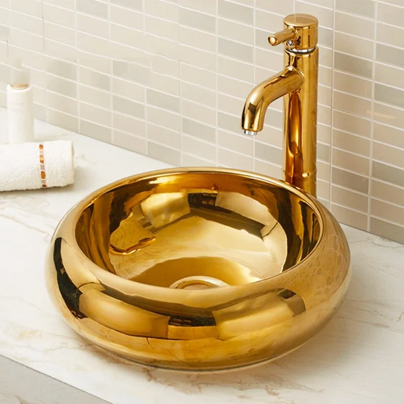 

Round Golden Stage Basin Hotel Bar Bathroom Sinks Modern Color Gold Bathroom Washbasins Art Ceramic Basin Washing Sinks Bathroom