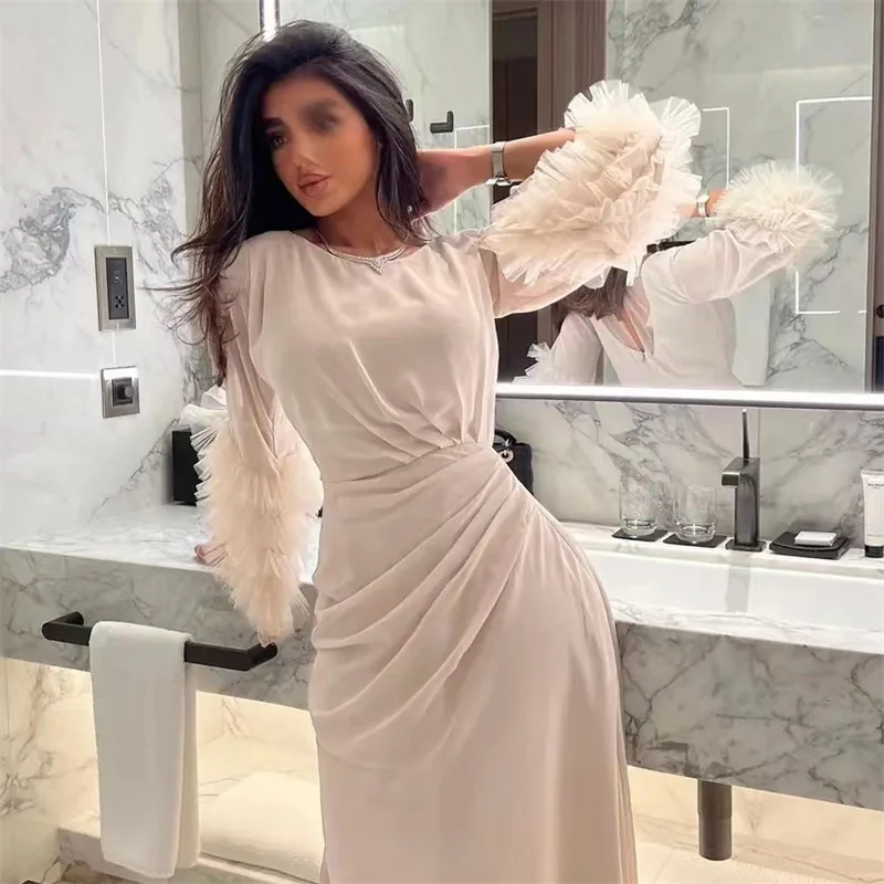 

SugoWeddingparty Elegant O-neck Ankle Length Feathers Satin Saudi Arabia Long Sleeves Prom Dresses Evening Dress