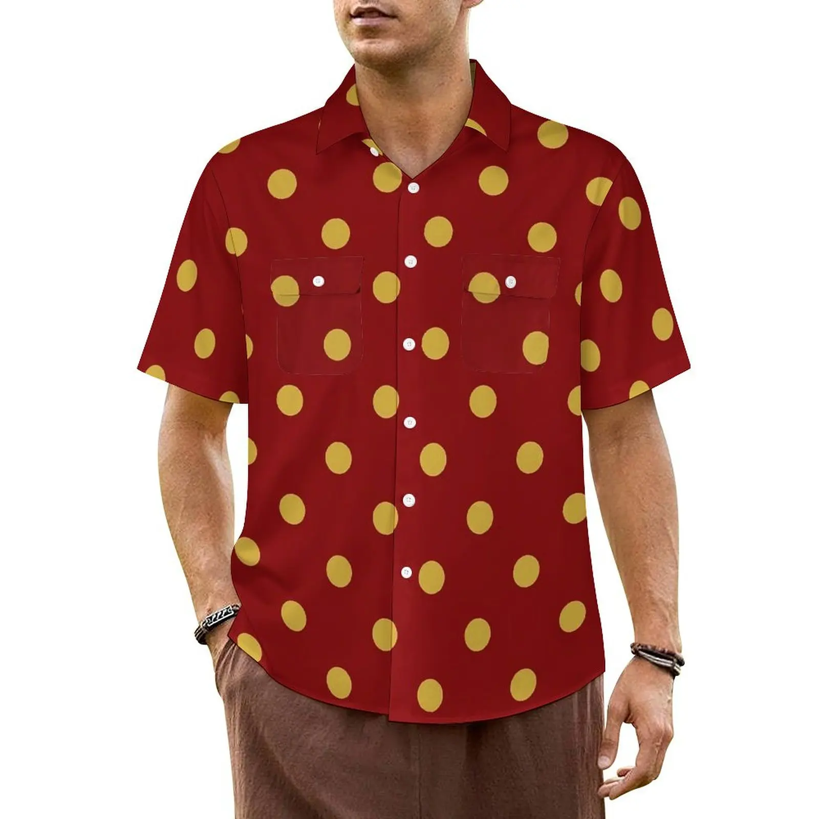 

Gold Dot Vacation Shirt Vintage Polka Dots Hawaiian Casual Shirts Men Vintage Blouses Short Sleeve Comfortable Printed Clothing