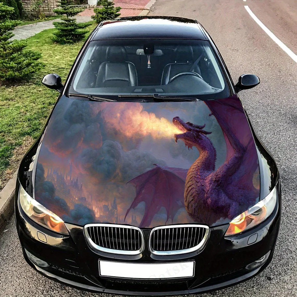 

Roaring purple dragon spews fire PVC Car Vinyl Wraps, Self-Adhesive Waterproof Car Hood Decal Sticker, Car Decoration Protection