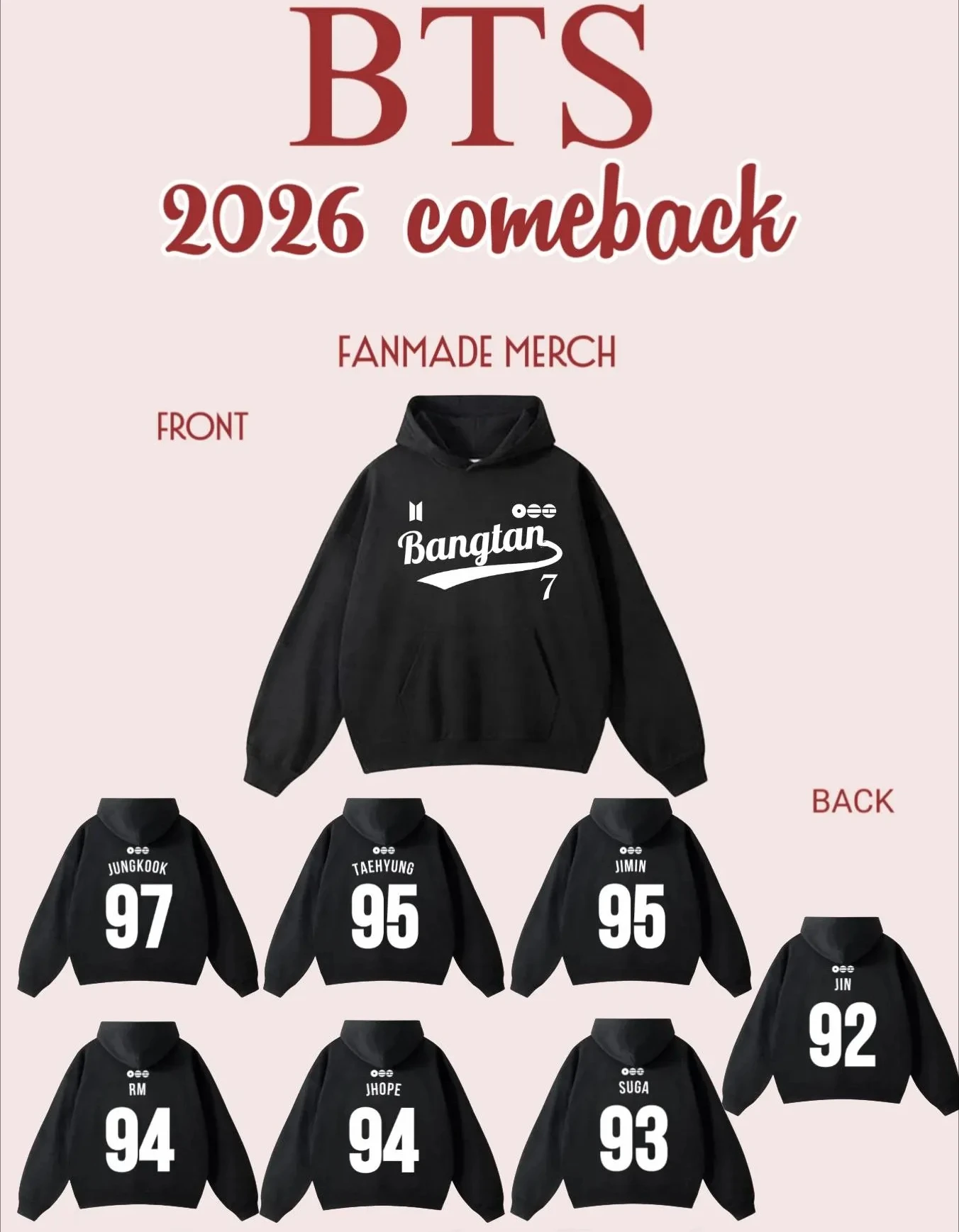 

BTS Bangtan 2026 Comeback Hoodie Kpop Idol Member Name Number Sweatshirt Men Women Casual Streetwear Pullover Hooded Tops