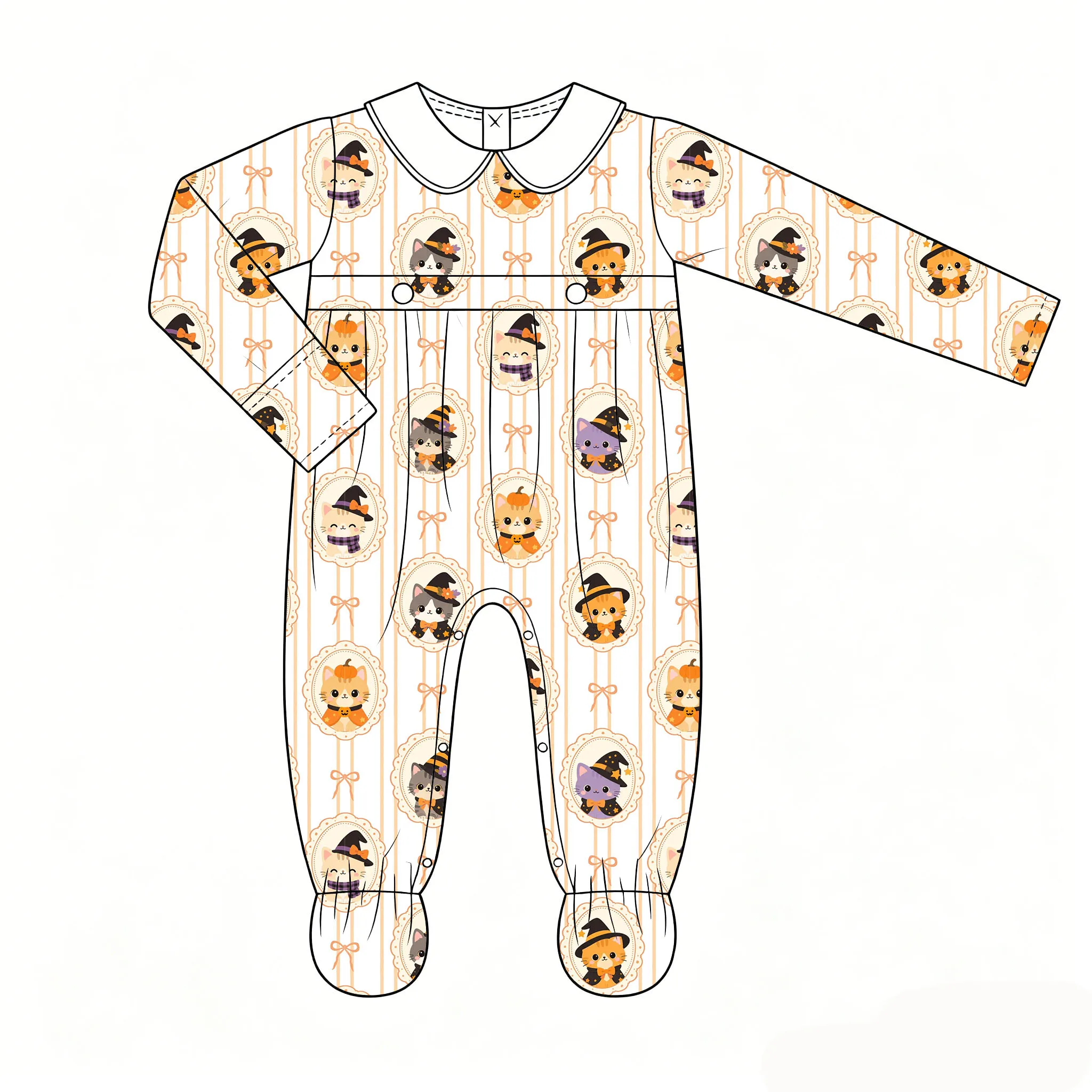 Boutique Halloween Infant Girl Clothing Long-Sleeve Newborn Jumpsuit Cute Ghost Kitten Print Footed Romper Milk Silk
