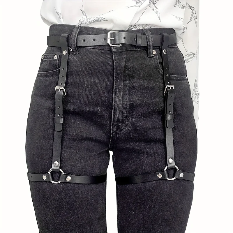 Punk Black PU Leather Suspender Belt Women Vertical Straps Leg Garter Thigh Harness Adjust Buckle Jeans Accessories Streetwear