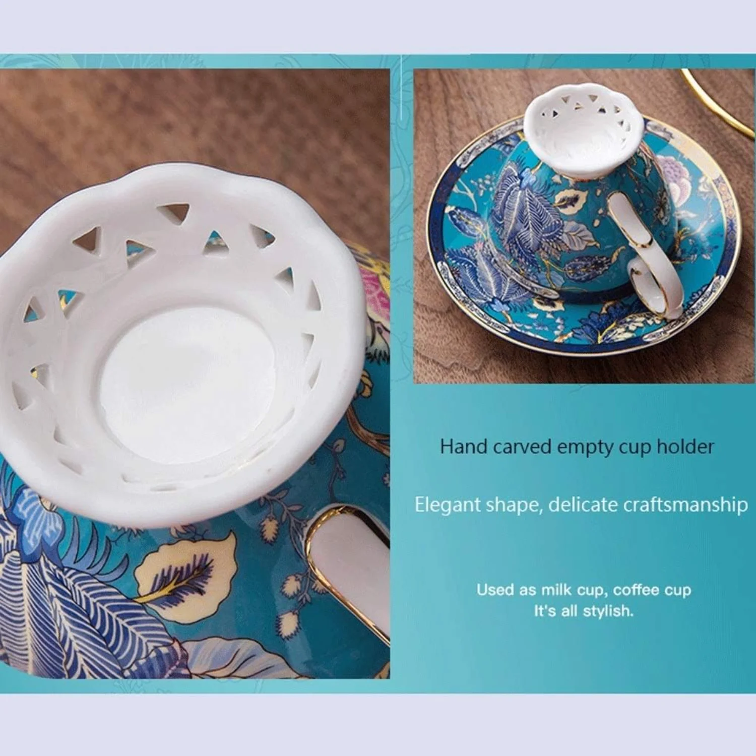 طقم فناجين قهوة وصحون صيني فاخر مع زهور صناعية - كوب شاي بعد الظهر البريطاني الراقي يتميز بزهور صناعية