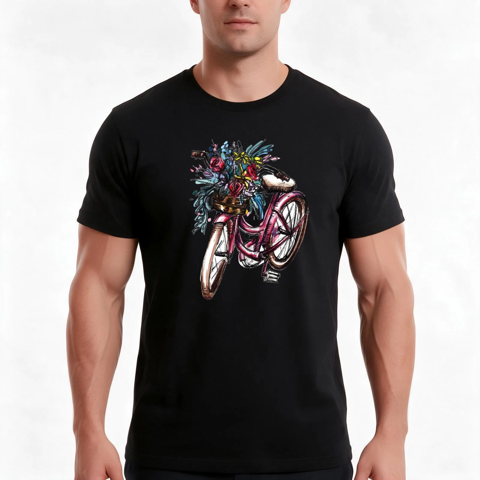 Pink Bike with Flower Basket T-Shirt, Summer Casual Cotton Tee, Oversized Streetwear Tops, Vintage Graphic Print, 100% Cotton