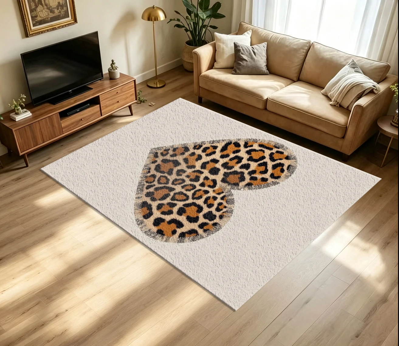 Leopard Print Heart‑Shaped Tassel Carpet Flooring Fashion Animal Pattern Special Shape Printed Floor Rug for Household Indoor Aesthetic Home Decor