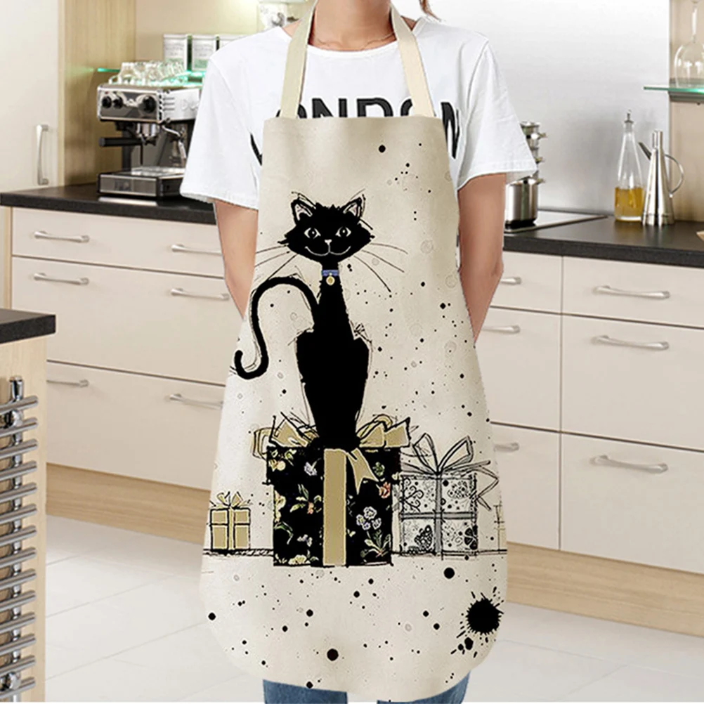 1 Pcs Cute Cat Pattern Kitchen Apron for Women Cotton Linen Bibs Household Cleaning Pinafore Home Cooking Aprons