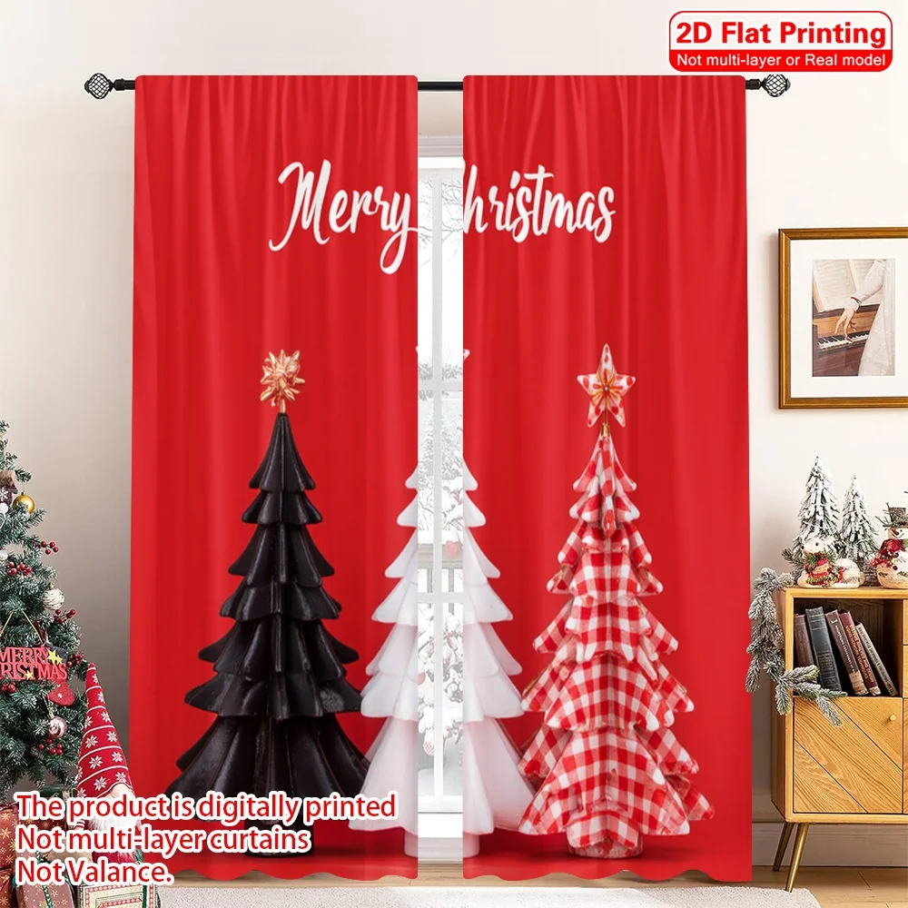

2pcs 2D flat printing Christmas Party Curtain Christmas Trees Plaid Snowflakes Fabric Without Electricity Festive Holiday Use