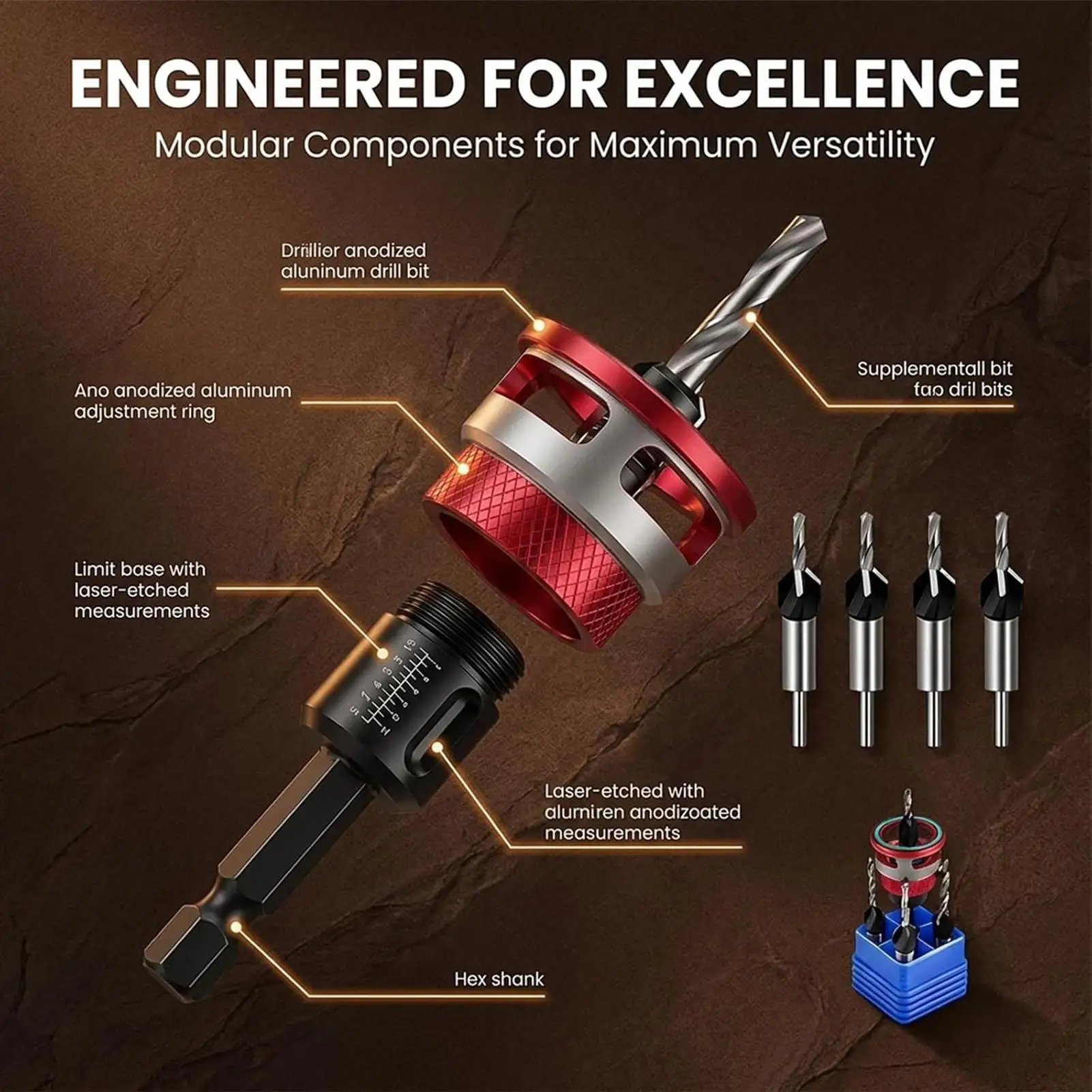 Countersink Drill Bit Set With Adjustable Depth Stop Collar Two Flute Woodworking Counterbore Drill Bit For Woodworker Plywood