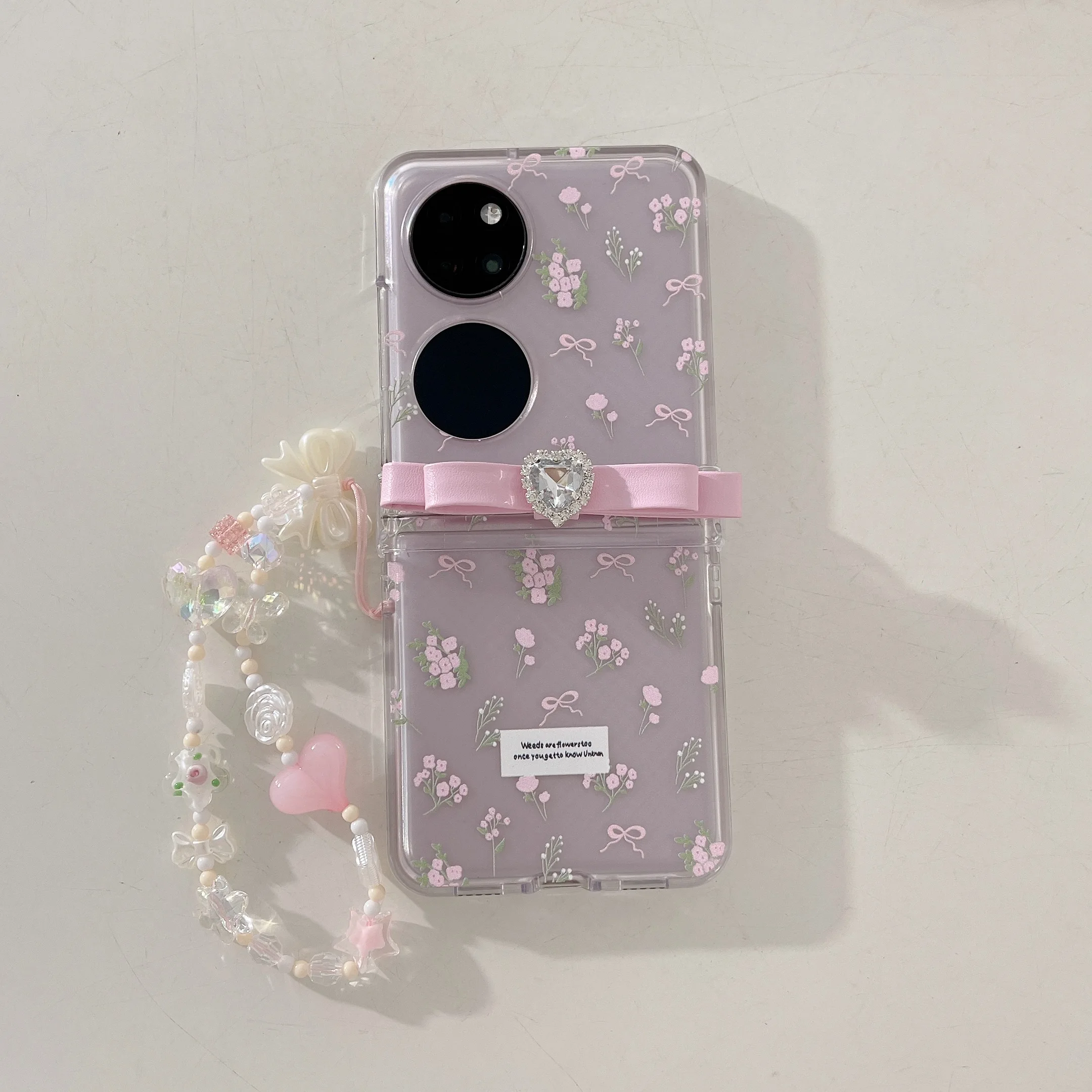 Bow Pink Flower Chain Bracelet Hard Acrylic Shockproof Phone Case For Huawei P50Pocket Back Cover