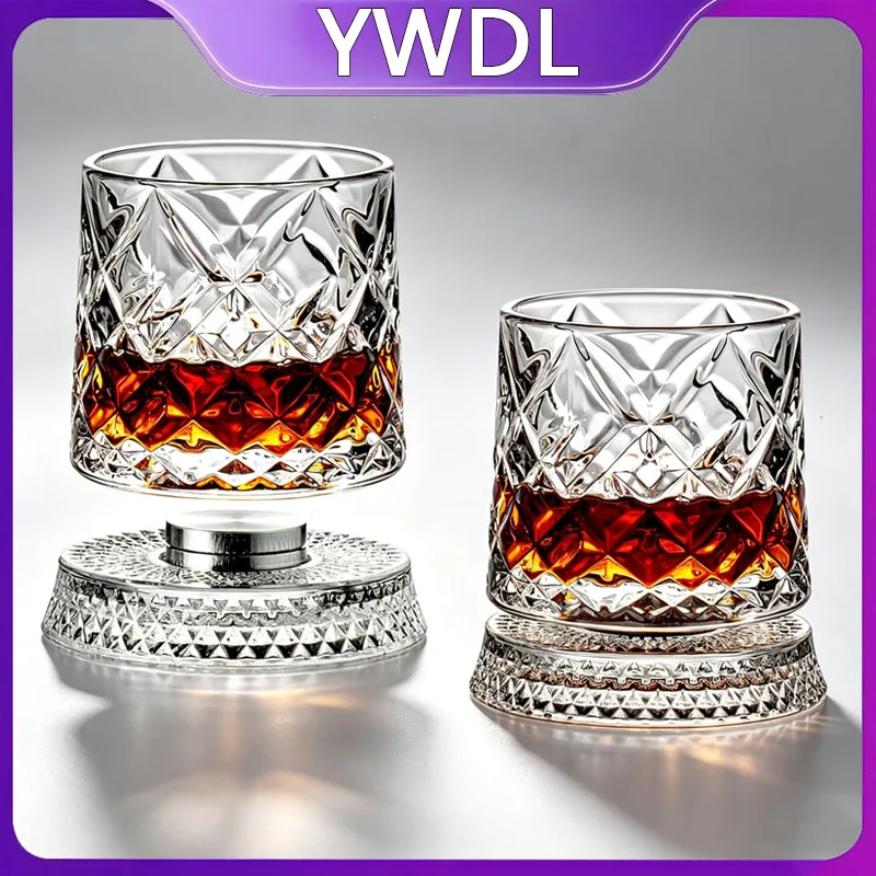 YWDL 1/2PCS Whiskey Glasses Rotating Whisky Glass With Glass Base 360 Rotate Degrees Rum Glass For Cocktail Party Drinking Gift