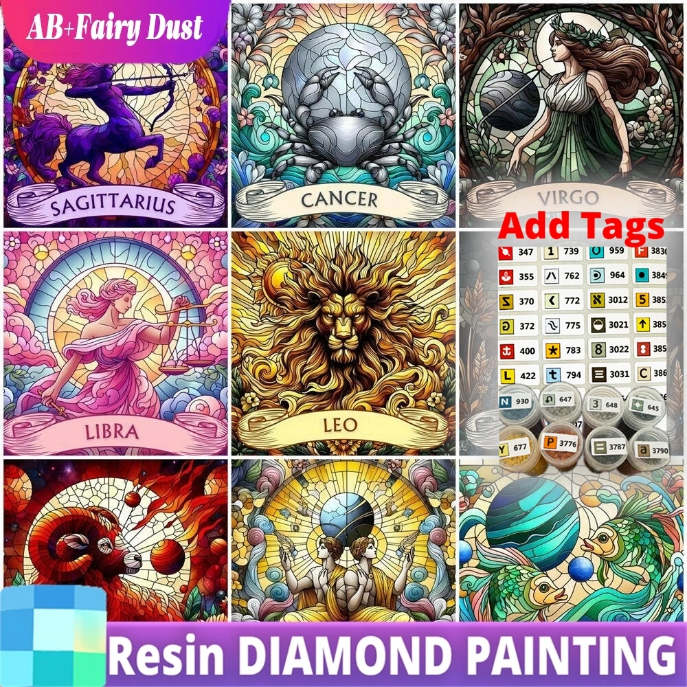 

Resin Fairy Dust AB DIY 5D Diamond Painting Constellation Embroidery Cartoon Animal Full Square Round Drill Mosaic Leo Aries Wal