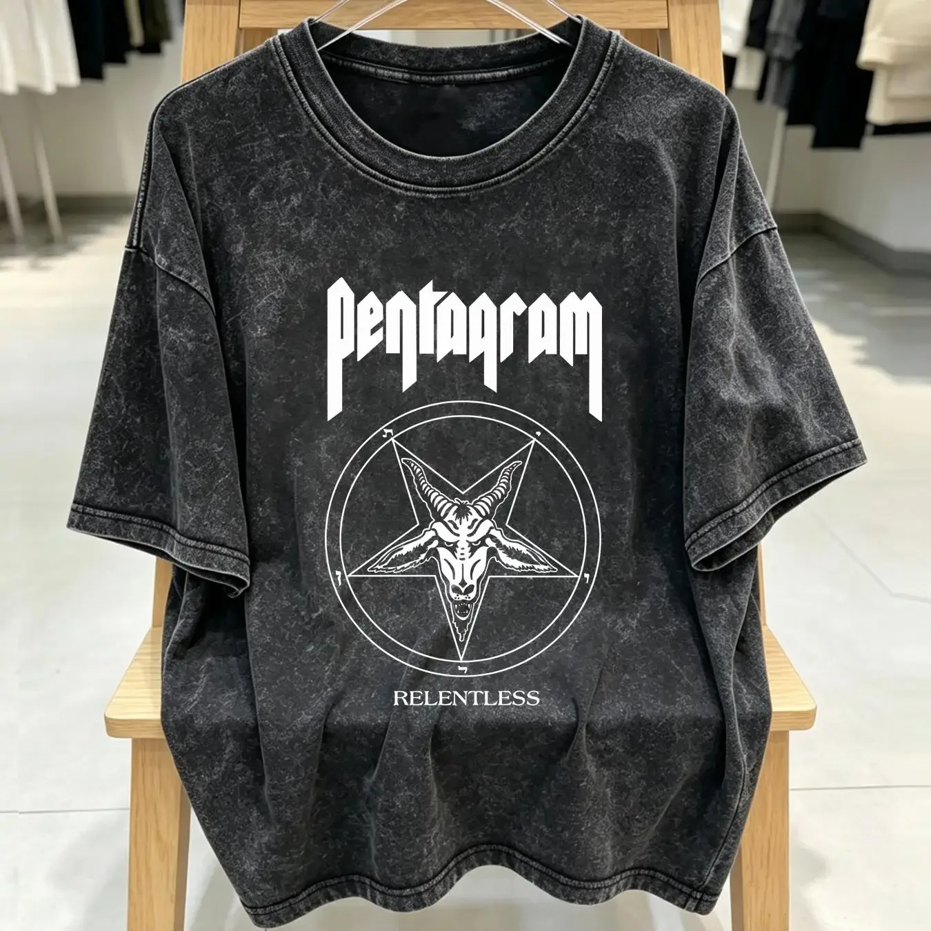 washed T Shirt NWT Pentagram Relentless Band Metal Black Mens size S 5XL vintage Washed homme Slightly Top For Everyday Wear