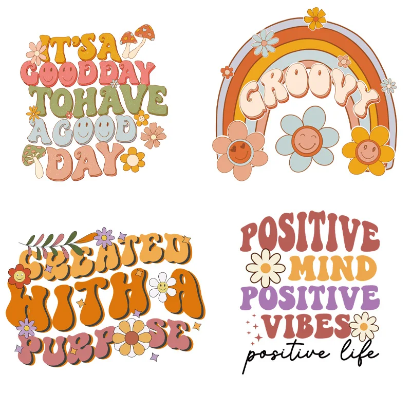 4PIECE LARSIZE POSITIVE MIND  Heat Transfer Stickers Iron On Decals Letter Flower Vinyl  Printing Patches For Clothes For DIY