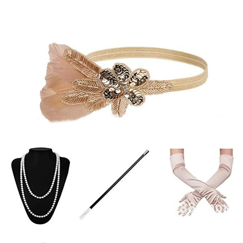 Flapper Accessoires Voor Dames 1920S Gatsby Kostuum Accessoire Brullende 20S Flapper Hoofdband Oorbellen Handschoenen Ketting Set