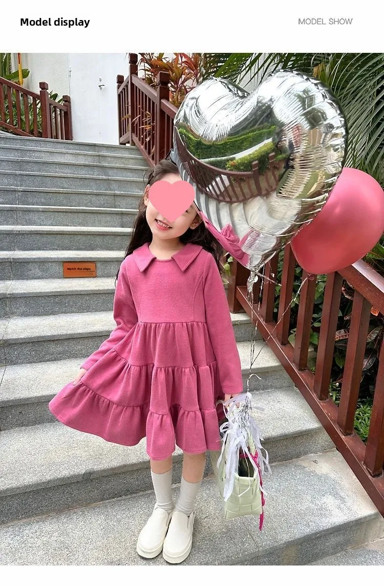 2026 Neue Herbst-Kinderkleidung 2-10 Jahre Mädchen Partykleid Langärmeliges Baumwollkleid Einfarbige Kinder-Prinzessinnenkleider – Detail 6