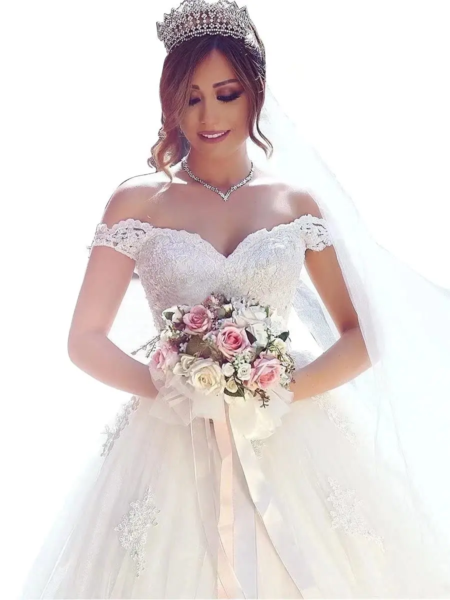 Vestido de novia de encaje con hombros descubiertos, vestido de novia de princesa con tren de manga, línea A, 2024