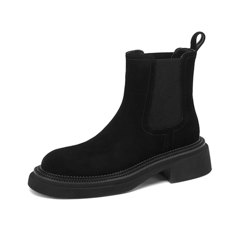 Stivaletti da donna in pelle scamosciata di pecora Slip-on punta tonda tacchi spessi stivali corti da donna 2024 autunno inverno nuove scarpe con