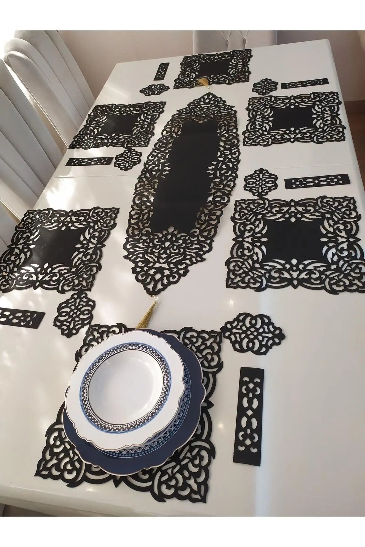19-Piece Faux Leather Table Runner Set for 6 People | Includes 1 Runner (39.4 x 13 in), 6 Placemats (13 x 13 in), 6
