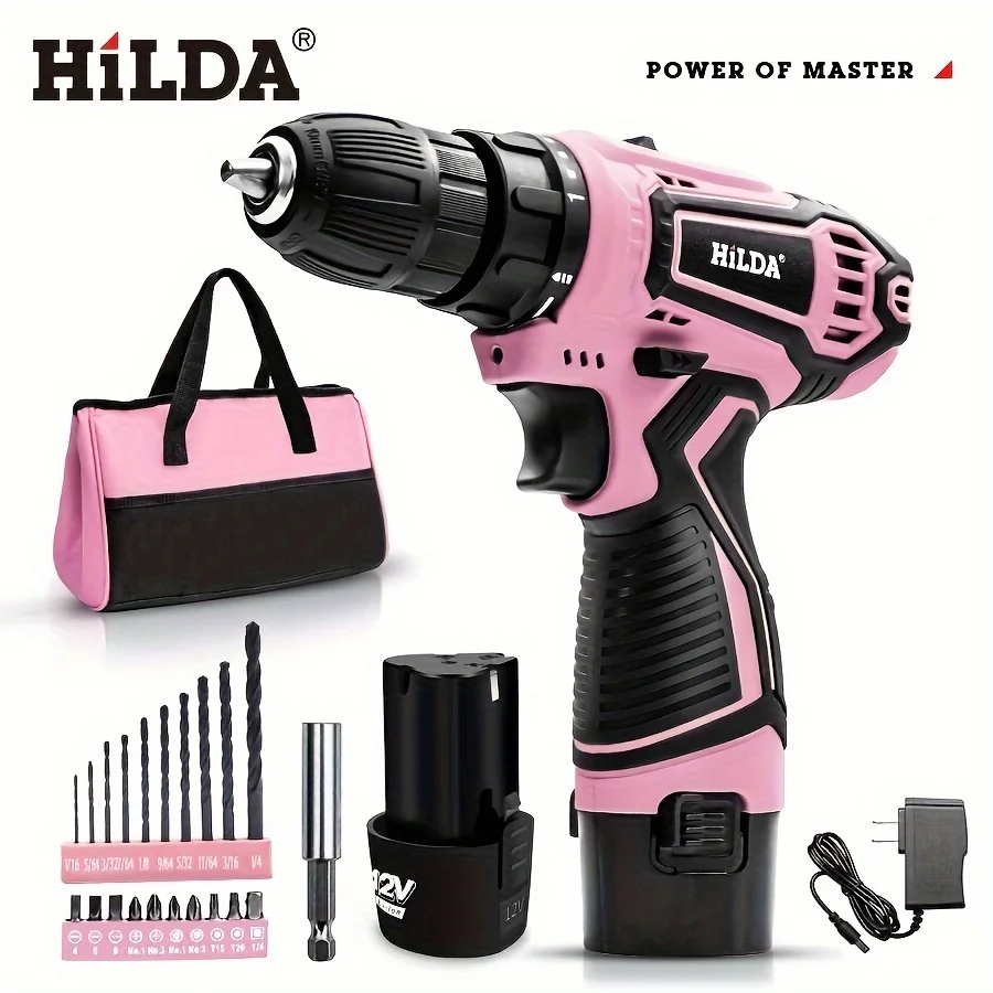 

HILDA 12v Pink Cordless Drill Bit Set Lithium ion Battery and Charger Suitable for Home DIY and Home Use