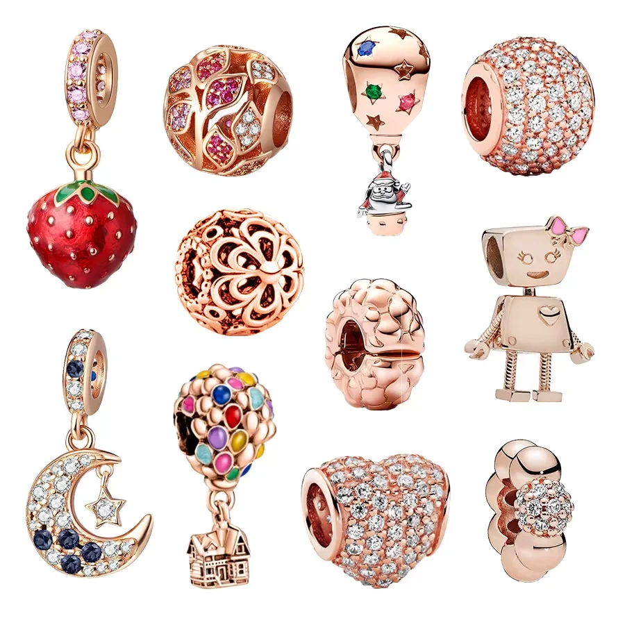 DIY Jewelry Charm Robot Moon & Star Rose Gold Hot Air Balloon Strawberry Beads Fit Original 925 Sterling Silver Pandora Bracelet