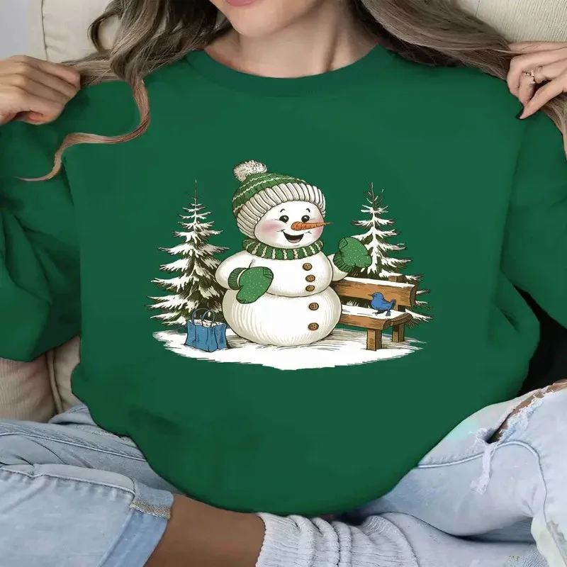 

Зимне-осенняя одежда, женский большой размер, женский свитшот большого размера, милый мультяшный снеговик, дизайн дерева, принт, длинный рукав, чистый хлопок